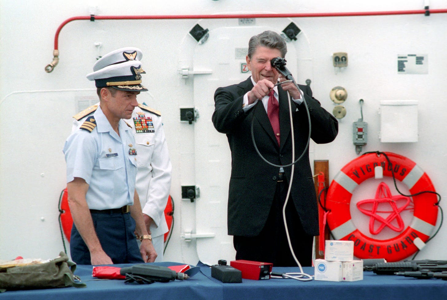 President Ronald Reagan Looking Thru a Camera Lense During a Trip to Connecticut, Attending An Anti Drug Event Aboard The United States Coast Guard Cutter Vigorous