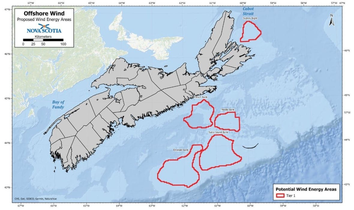 A map of Nova Scotia and the surrounding waters. Five offshore areas are drawn in red, identifying potential offshore wind development areas.