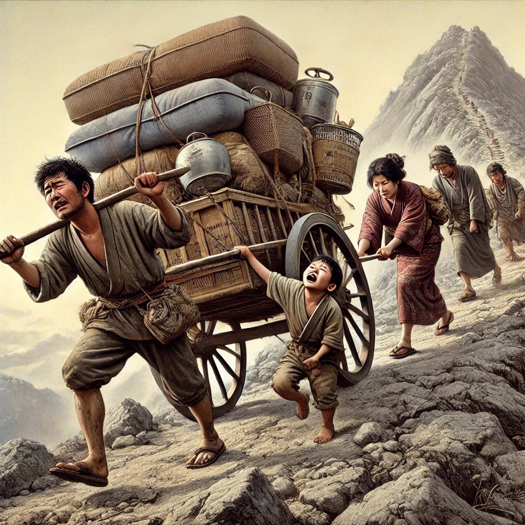 A Japanese family, consisting of a man, his wife, and two children, struggling to pull a heavy wooden cart filled with their worldly possessions up the last steep incline of a mountain. Their clothes are worn from travel, and their faces show determination and exhaustion. The cart is loaded with household essentials like futons, cooking pots, and a few personal belongings. The background reveals that they are reaching the summit, and beyond it, the path descends into a peaceful valley where their new home awaits in the distance. The scene emphasizes effort, perseverance, and hope.