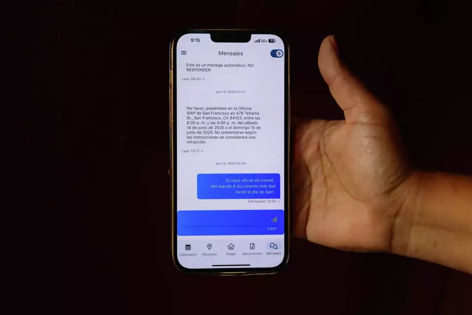 The text received by an immigrant from Guatemala on Saturday reads: “Please present yourself in the San Francisco ISAP Office at 478 Tehama St., San Francisco, CA 94103 between 8 a.m. and 4 p.m. Saturday, June 14, 2025, or Sunday, June 15, 2025. If you do not present yourself according to instructions it will be considered an infraction.” 