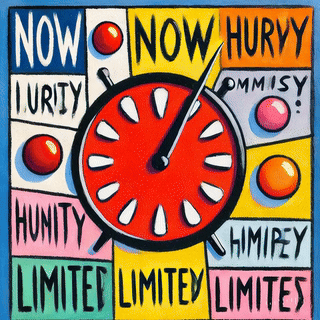 A colorful graphic featuring the words 'NOW,' 'HURRY,' and various phrases related to urgency, with a prominent clock dial in the center.