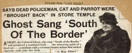 Daily Herald headline: Ghost sand ‘South of the Border’. Standfirst reads: “Says dead policeman, cat and parrot were “brought back” in Store Temple”