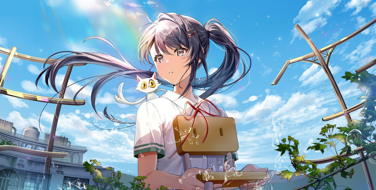 Anime 9878x5000 anime anime girls Suzume Japanese characters sky looking away long hair clouds ponytail cats dark hair Suzume Iwato Suzume no Tojimari water rainbows