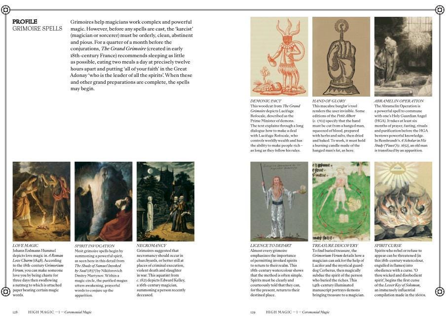 Illustrated double-page spread from Magick, exploring historical grimoire spells through images of demons, spirit invocation, necromancy, protective rituals and treasure discovery. Illustrated double-page spread from Magick, exploring historical grimoire spells through images of demons, spirit invocation, necromancy, protective rituals and treasure discovery.