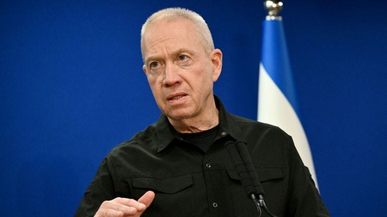 Israel’s Defense Minister Yoav Gallant speaks during a press conference in Tel Aviv on December 18, 2023.