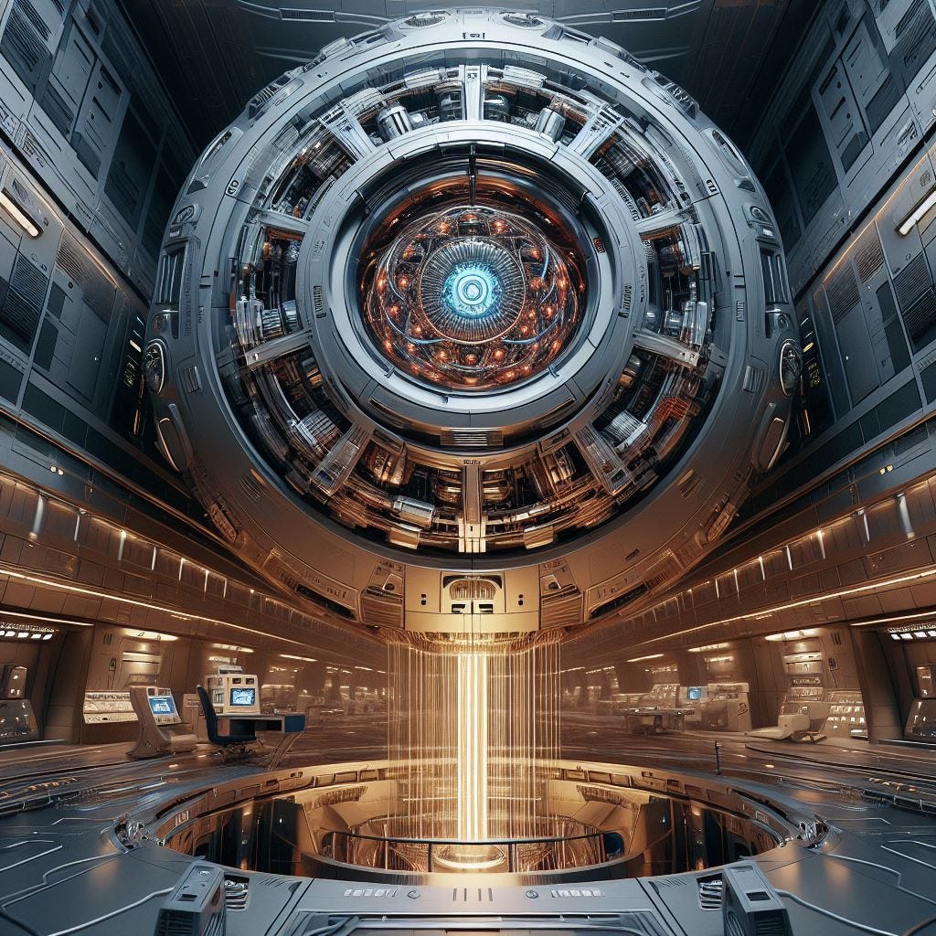 A futuristic nuclear fusion machine in the style of Syd Mead