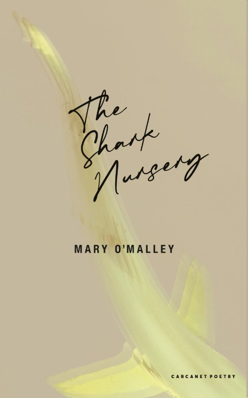The outline of a shark in almost fluorescent green on a beige background with text in black which says The Shark Nursery Mary O'Malley