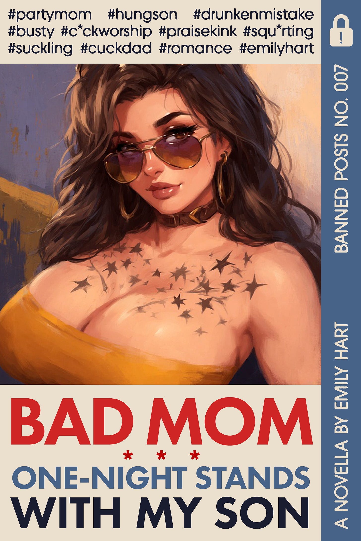A book cover for "Bad Mom" by Emily Hart, featuring a baddie brunette in a street art style, stars tattooed on her chest