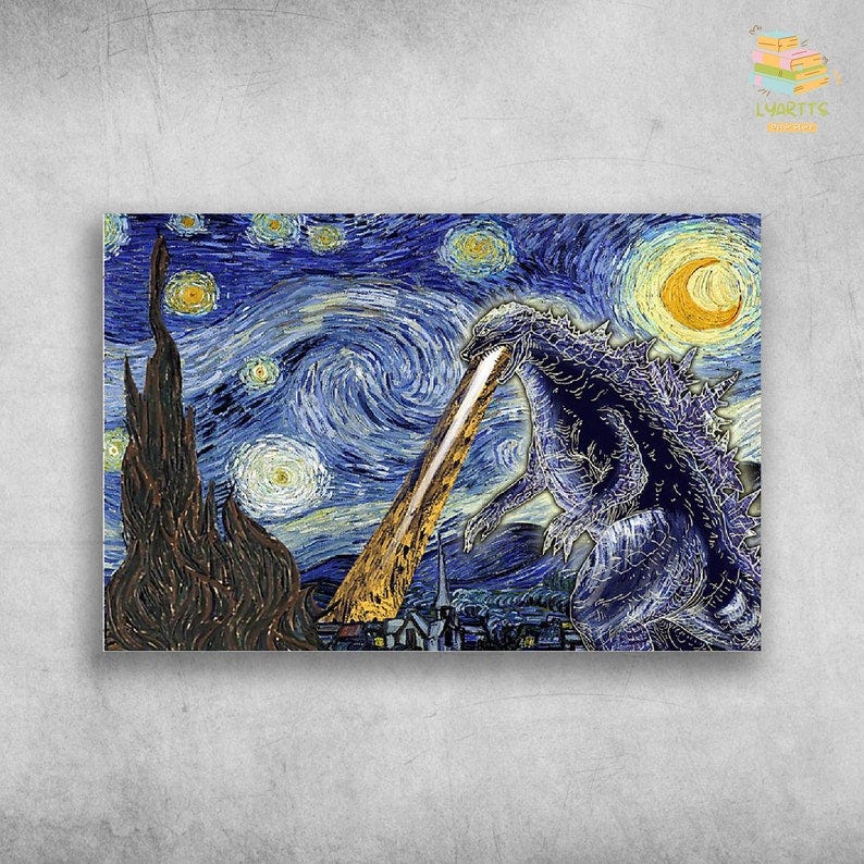 May include: A painting in the style of Vincent van Gogh's Starry Night, featuring a blue and purple monster with a yellow beam of light shooting from its mouth. The monster is standing on a hill with a crescent moon in the sky.