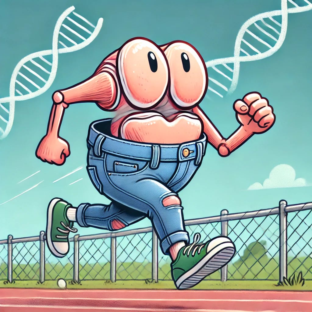 A humorous and creative illustration of a human knee joint wearing a pair of jeans and running energetically. The knee joint has cartoonish features, like arms and legs, with a determined expression as it sprints forward. The background is a fun and lighthearted setting, such as a running track or a park. A subtle genetic reference is included, like a DNA helix floating in the background, reinforcing the pun 'running in the genes.' The style is playful and engaging, making the concept visually appealing.