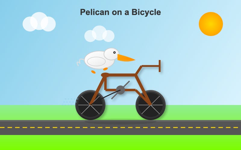 Pleasing gradents for the sky and ground and sun. Neat three-circle clouds. A Pelican on a Bicycle title printed on the image. The pelican is cute but stlightly detached from the bicycle. The bicycle has a somewhat mangled brown frame. Pleasing gradents for the sky and ground and sun. Neat three-circle clouds. A Pelican on a Bicycle title printed on the image. The pelican is cute but stlightly detached from the bicycle. The bicycle has a somewhat mangled brown frame.