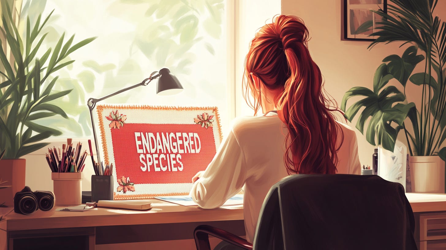 A woman sitting at a desk, seen from behind, with a cross-stitch sign before her that reads "ENDANGERED SPECIES." The image suggests writers and artists are endangered because of AI.