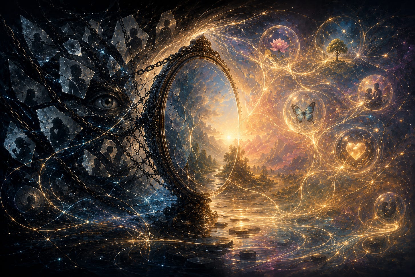 Surreal symbolic artwork showing a fractured dark field of trapped memories and distorted reflections opening into a luminous landscape of connection, growth, healing, and possibility through a glowing mirror portal, representing perception, trauma, repair, and the reorganisation of consciousness.