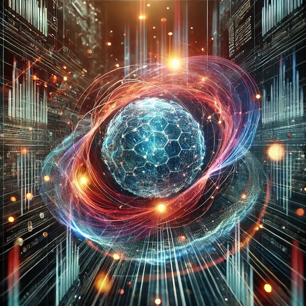A highly abstract visualization of data governance in a futuristic digital environment, featuring interconnected glowing nodes and lines forming a web-like structure. The central focus is a sphere representing a secure data hub, surrounded by dynamic, colorful energy waves symbolizing compliance, accountability, and transparency. The design should evoke sophistication and innovation, with a professional, high-tech aesthetic.