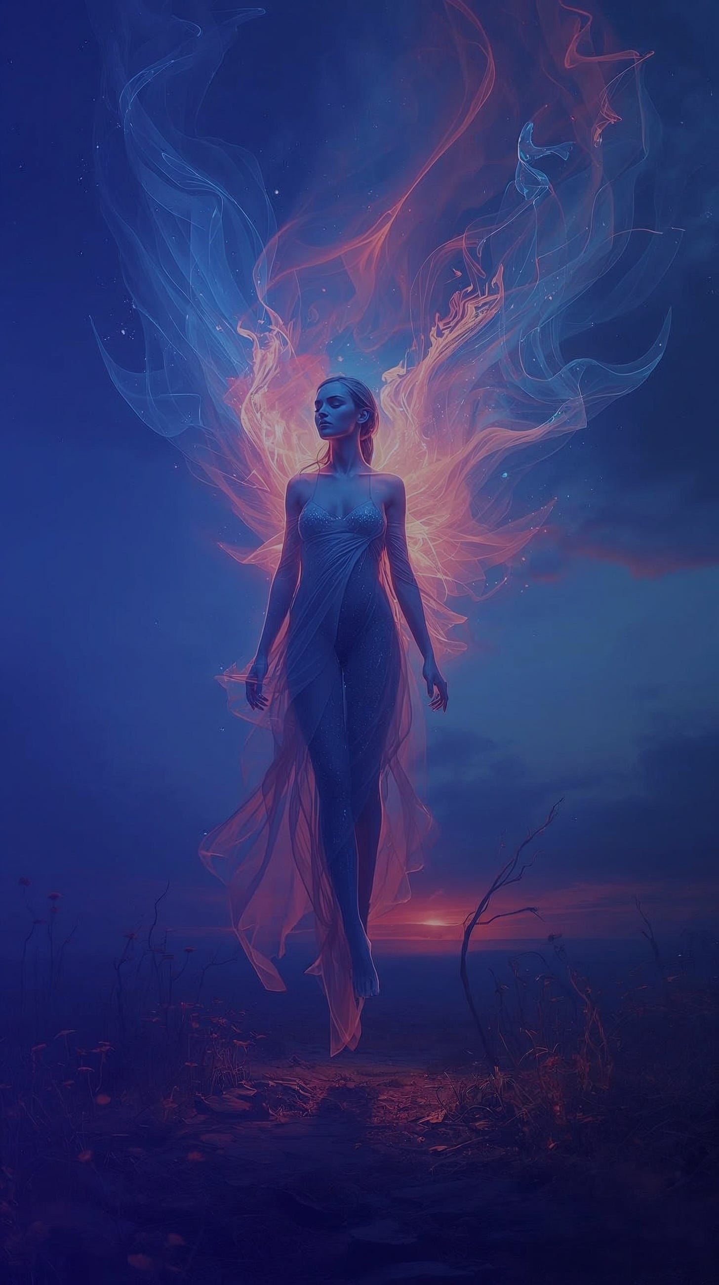 Ilustração etérea de uma figura feminina azulada com asas transparentes que lembram chamas solares, flutuando sobre um campo de flores asfódelos sob um céu de crepúsculo. Estética mística e sagrada