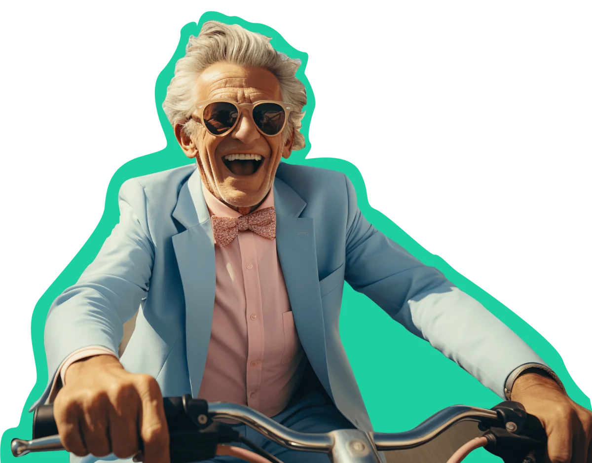 Un homme aux cheveux gris a velo avec un mega sourire