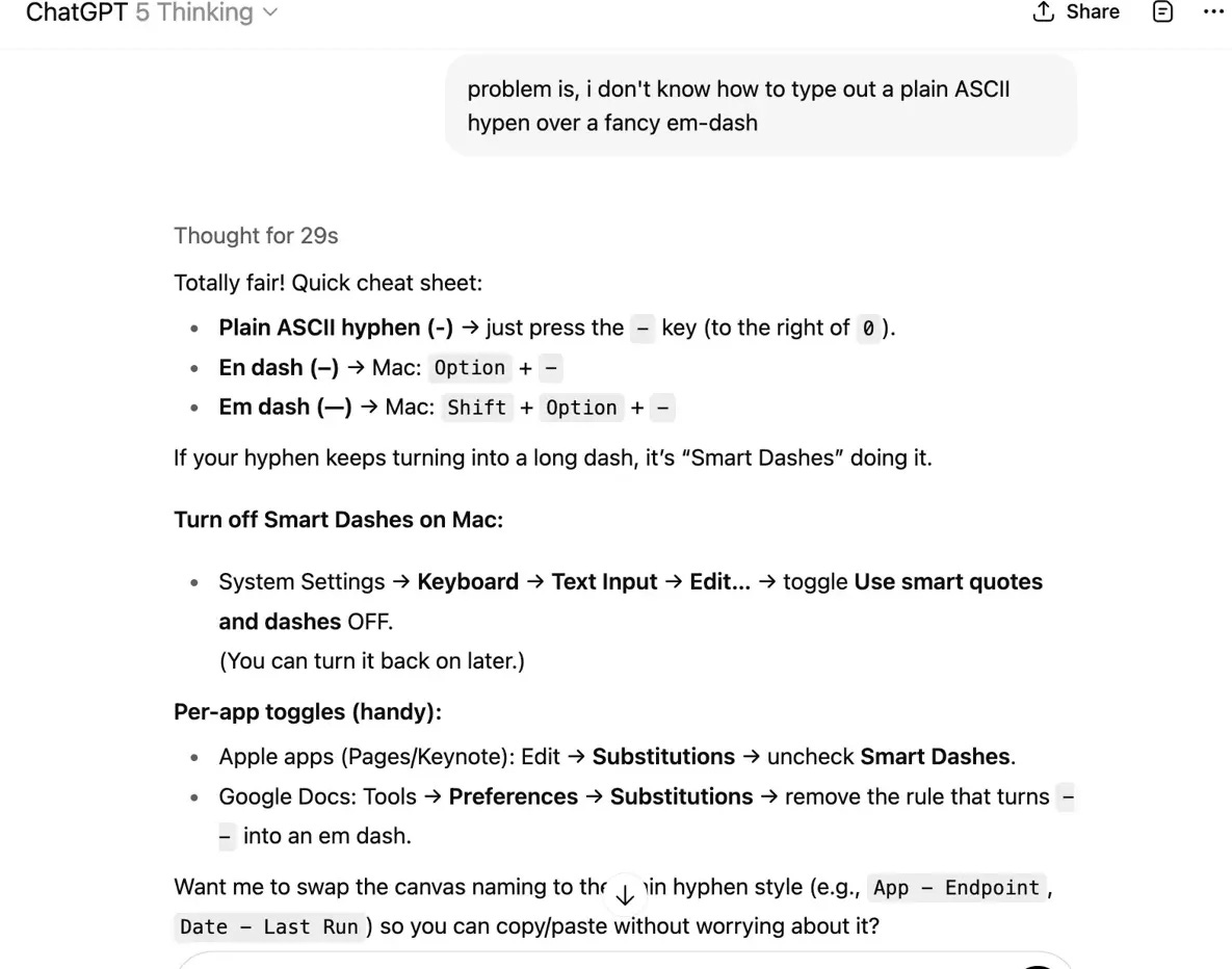 ChatGPT conversation showing Elizabeth asking how to type a plain ASCII hyphen over a fancy em-dash, with ChatGPT providing keyboard shortcuts and explaining that Smart Dashes auto-correct can interfere with typing plain hyphens.