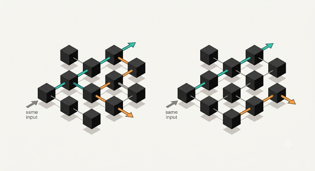 Two identical small networks of matte-black cubes side by side on a clean, light neutral background, each fed by an identical entry arrow labeled “same input”. In the left network one accent-colored path lights up a route through the cubes; in the right network a different route lights up and exits from a different cube. Two identical small networks of matte-black cubes side by side on a clean, light neutral background, each fed by an identical entry arrow labeled “same input”. In the left network one accent-colored path lights up a route through the cubes; in the right network a different route lights up and exits from a different cube.
