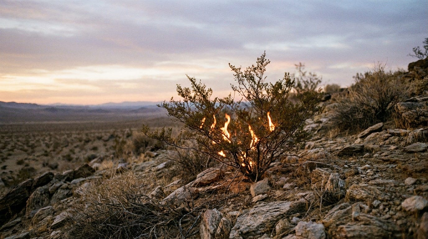 A low burning thornbush on a rocky desert slope at dawn, its flames steady and the branches unconsumed, wide empty wilderness behind, no people, no text A low burning thornbush on a rocky desert slope at dawn, its flames steady and the branches unconsumed, wide empty wilderness behind, no people, no text