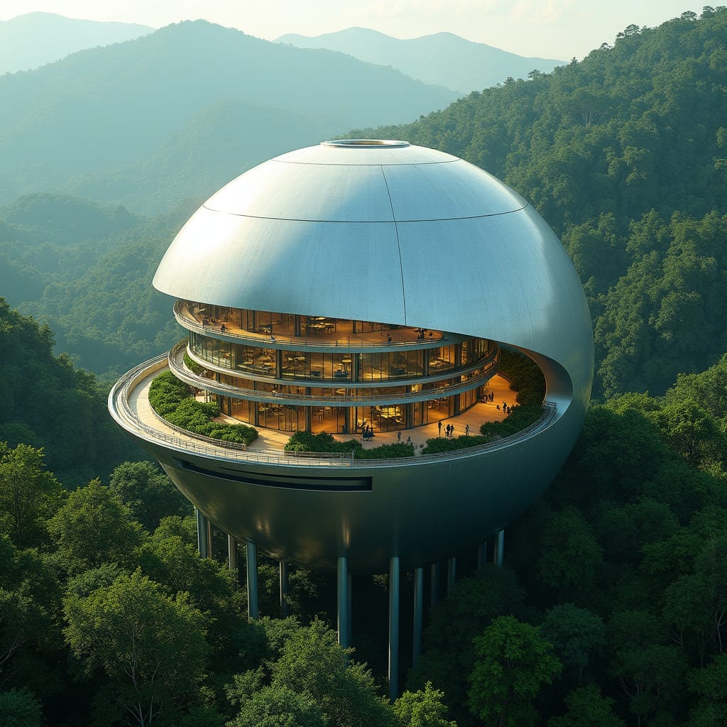 A futuristic, eco-friendly school, a massive sphere nestled into Jamaica's lush Blue Mountains, its reflective surface mirroring the surrounding forest, elevated on slender stilts, creating the illusion of floating above the landscape, with solar panels and natural ventilation blending seamlessly into the tropical environment. Inside, circular, multi-level rooms spiral around a central core, glass walls offering breathtaking, uninterrupted views of the misty mountains.