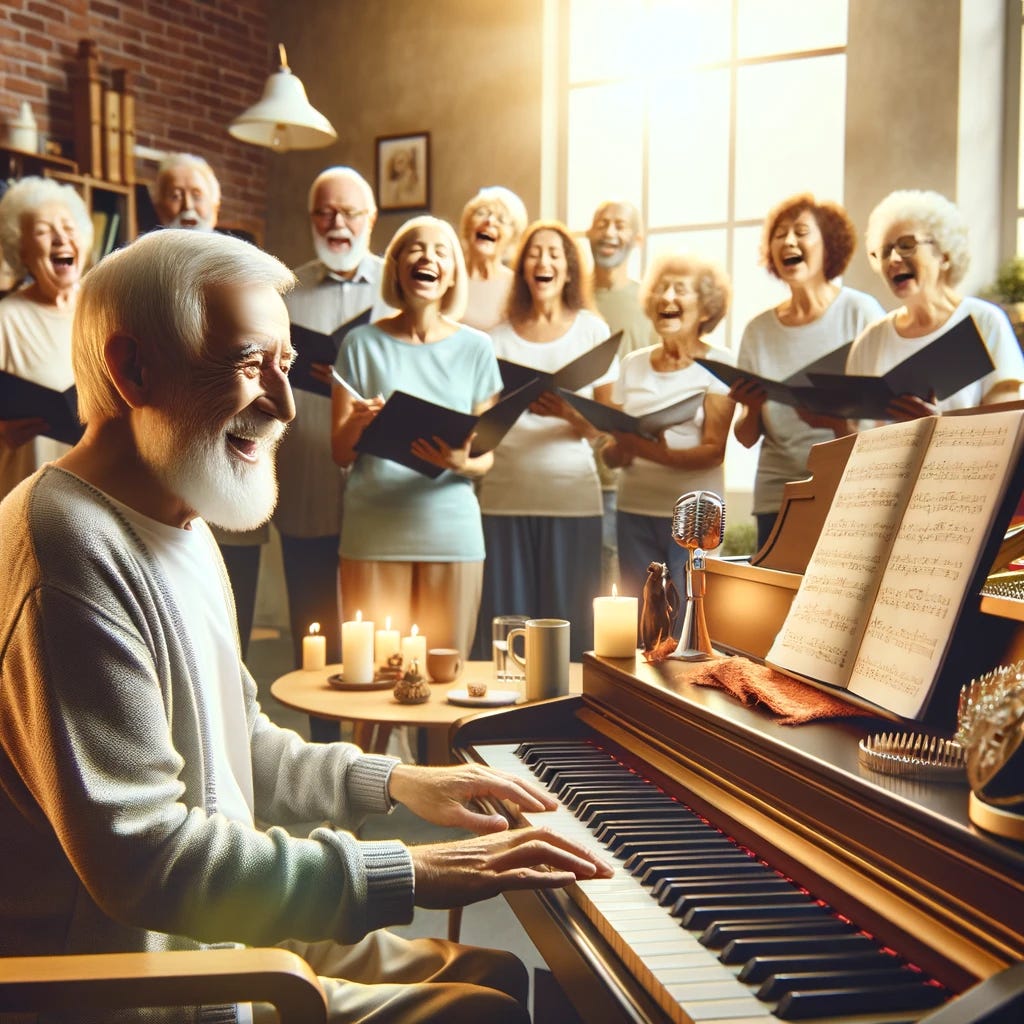 An elderly person joyfully playing the piano with a group of people singing in a choir behind them. The scene conveys a sense of community and mental well-being, with a bright, warm atmosphere in a cozy room filled with music sheets, musical instruments, and comfortable seating. The image reflects the concept of music enhancing brain health in older adults, capturing the essence of camaraderie and cognitive engagement through musical activities.
