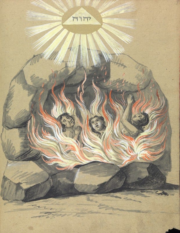 A drawing of three figures in a cave engulfed in flames. Their arms are reaching up towards a shining triangle with weird symbols in it.