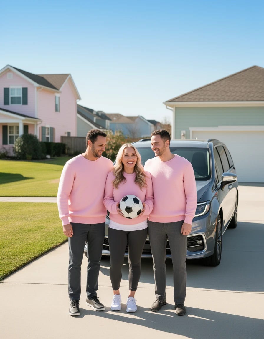 Throuple with one soccer mom and two men wearing pink sweaters Throuple with one soccer mom and two men wearing pink sweaters