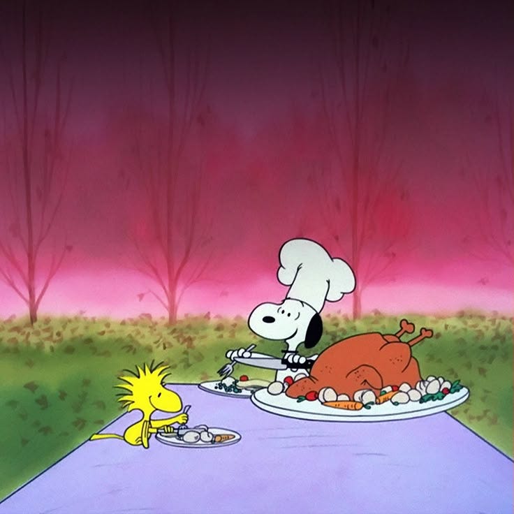 This may contain: a cartoon character with a plate of food in front of him and a dog on the ground