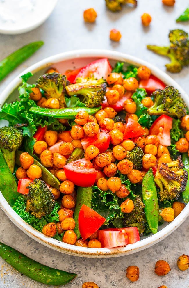 roasted chickpea kale salad in a white bowl 