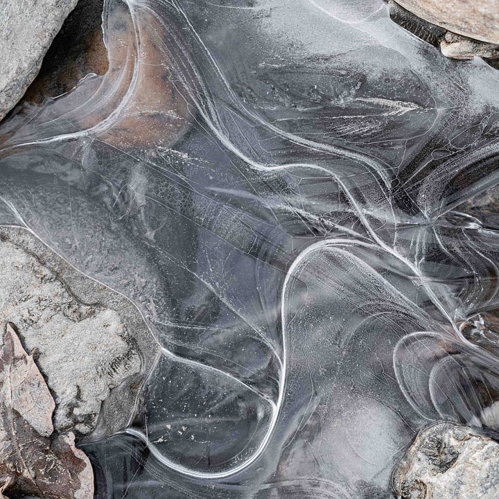 Diptych: Water frozen between rocks, an uneven oval on the left, in the shape of a bird on the right.