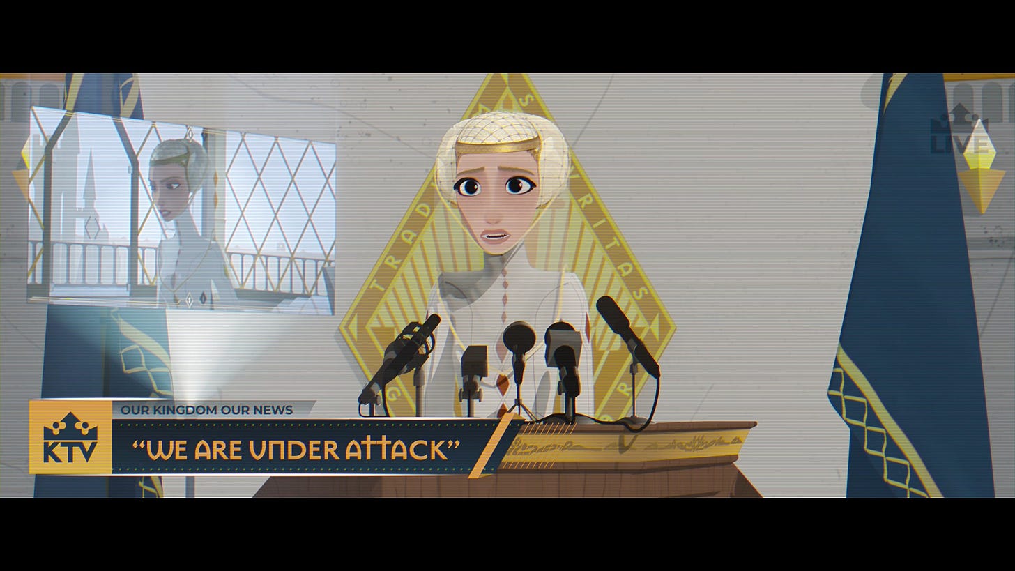 A screenshot depicting a woman dressed all in white at a podium covered in microphones. The chyron at the bottom of the screen reads: Our Kingdom Our News "We Are Under Attack."