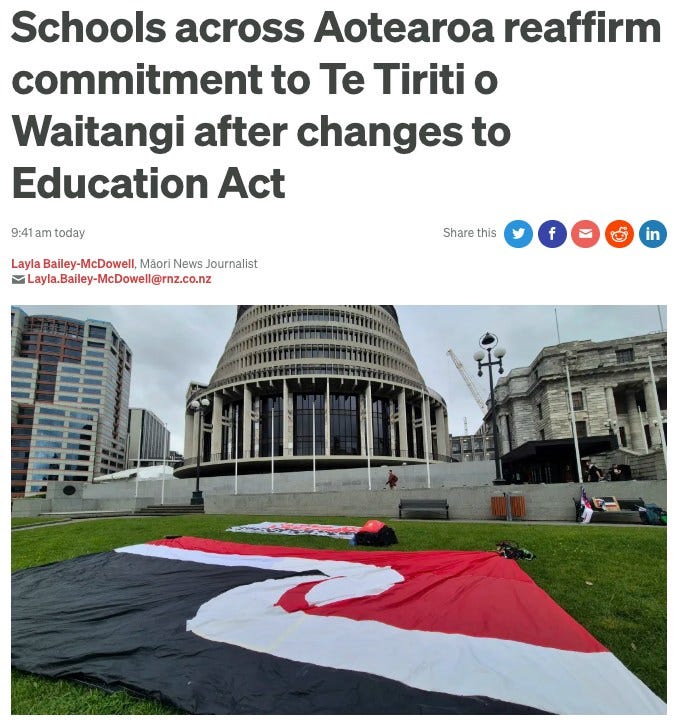 Headline: "Schools across Aotearoa reaffirm commitment to Te Tiriti o Waitangi after changes to Education Act."
