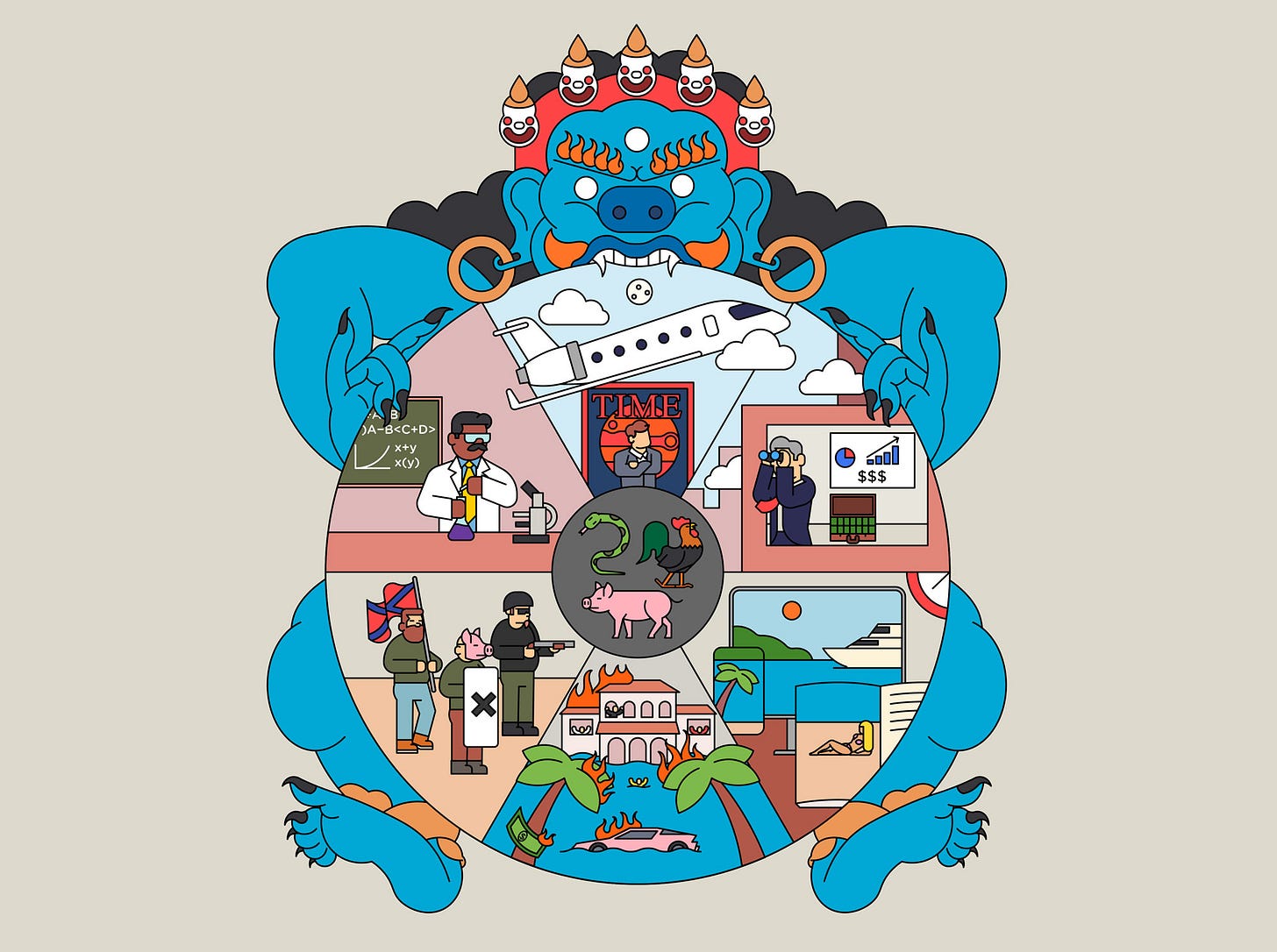 A ilustração apresenta uma deidade azul segurando uma roda dividida em seis seções que representam aspectos da existência moderna: uma pessoa estampando a capa da Time com um avião no céu ao fundo, um empresário com gráficos financeiros, uma pessoa relaxando na praia, uma mansão em chamas, um grupo armado em posição combativa e um cientista com uma lousa de equações. No centro da roda há um círculo com animais simbólicos (porco, galo, serpente) que tradicionalmente representam os três venenos mentais no budismo: ignorância, ganância e aversão. A ilustração apresenta uma deidade azul segurando uma roda dividida em seis seções que representam aspectos da existência moderna: uma pessoa estampando a capa da Time com um avião no céu ao fundo, um empresário com gráficos financeiros, uma pessoa relaxando na praia, uma mansão em chamas, um grupo armado em posição combativa e um cientista com uma lousa de equações. No centro da roda há um círculo com animais simbólicos (porco, galo, serpente) que tradicionalmente representam os três venenos mentais no budismo: ignorância, ganância e aversão.