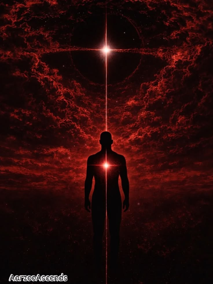 This may contain: a man standing in front of a red sky with a cross on it's side This may contain: a man standing in front of a red sky with a cross on it's side