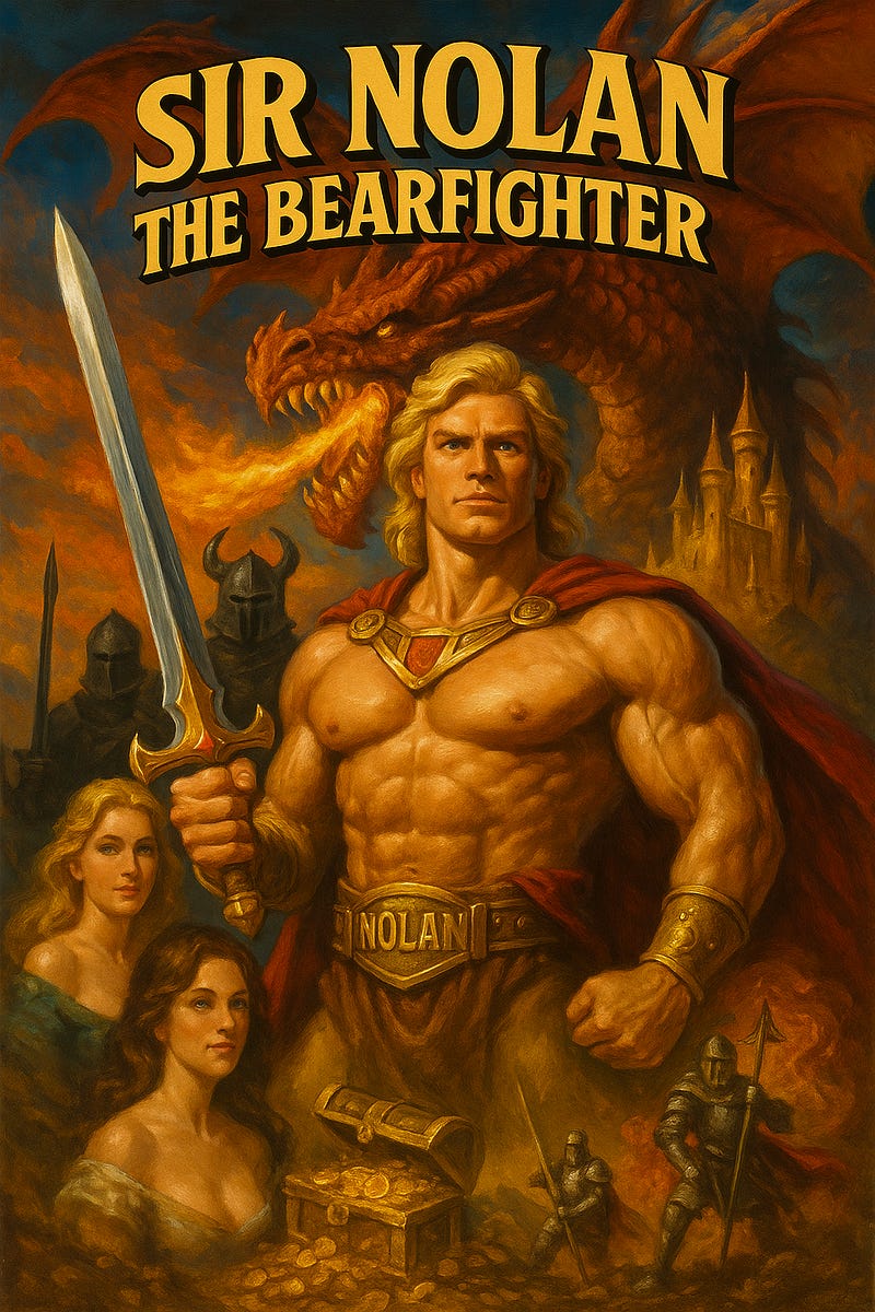 A heroic, golden-haired knight stands triumphant on a mountaintop, bare-chested and glowing, surrounded by swooning maidens, slain dragons, adoring peasants, and jealous knights in the background. A majestic castle gleams behind him. The whole scene is painted in the style of an over-the-top 1980s fantasy movie poster. A heroic, golden-haired knight stands triumphant on a mountaintop, bare-chested and glowing, surrounded by swooning maidens, slain dragons, adoring peasants, and jealous knights in the background. A majestic castle gleams behind him. The whole scene is painted in the style of an over-the-top 1980s fantasy movie poster.