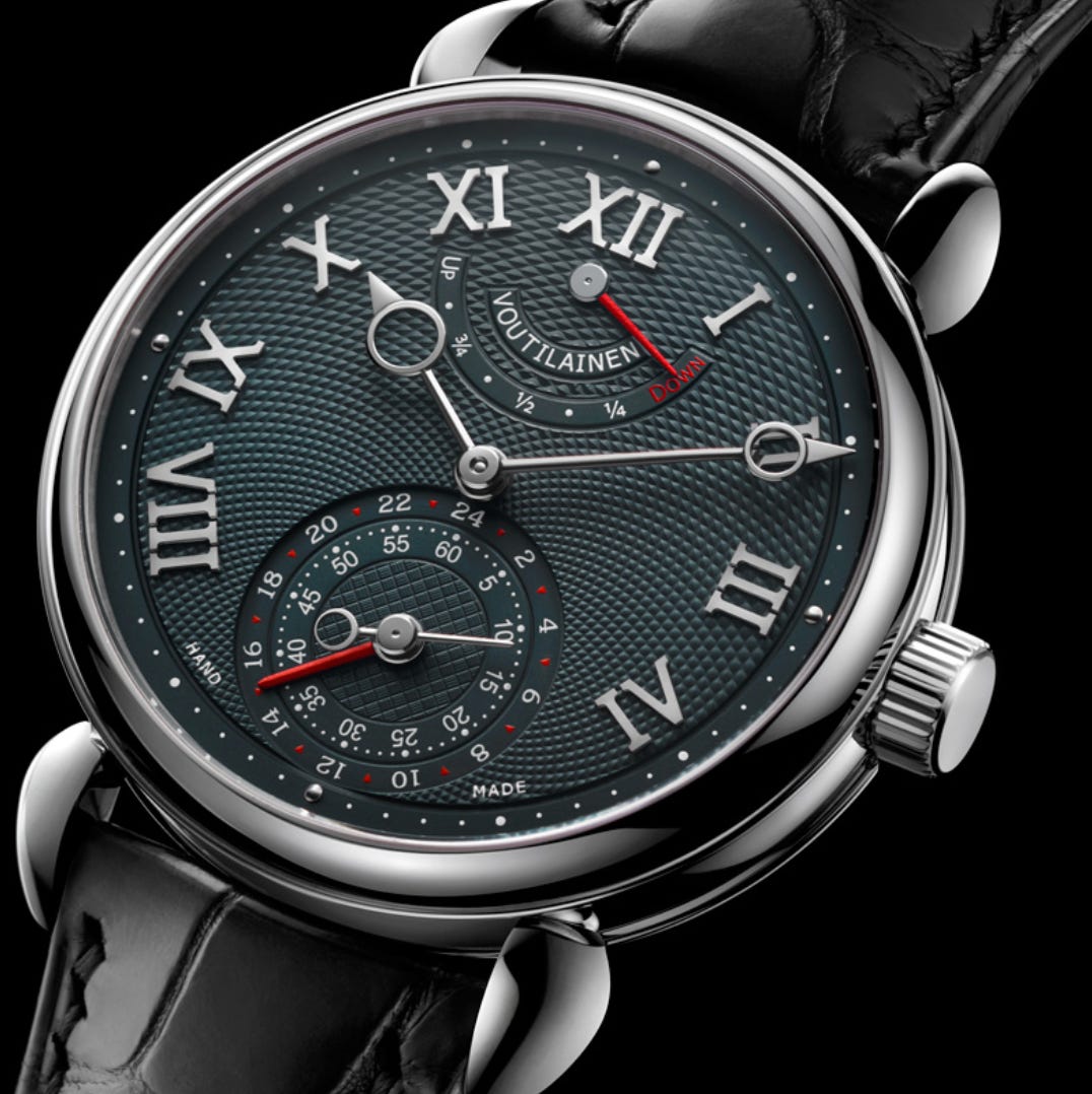 The Voutilainen GMR: A masterclass in haute horlogerie, featuring a hand-guilloché dial, 24-hour second time zone, and retrograde power reserve indicator, all encased in a 39mm precious metal case. Source: Voutilainen.ch The Voutilainen GMR: A masterclass in haute horlogerie, featuring a hand-guilloché dial, 24-hour second time zone, and retrograde power reserve indicator, all encased in a 39mm precious metal case. Source: Voutilainen.ch