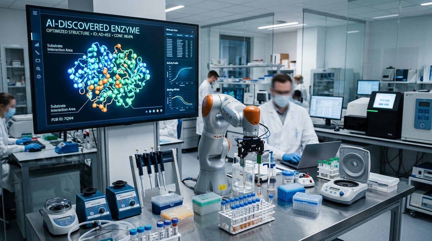Hình ảnh phòng thí nghiệm sinh học công nghệ cao, màn hình lớn hiển thị mô hình 3D của cấu trúc enzyme đang phát sáng với nhãn "AI-DISCOVERED ENZYME", phía trước là cánh tay robot đang thao tác. Hình ảnh phòng thí nghiệm sinh học công nghệ cao, màn hình lớn hiển thị mô hình 3D của cấu trúc enzyme đang phát sáng với nhãn "AI-DISCOVERED ENZYME", phía trước là cánh tay robot đang thao tác.