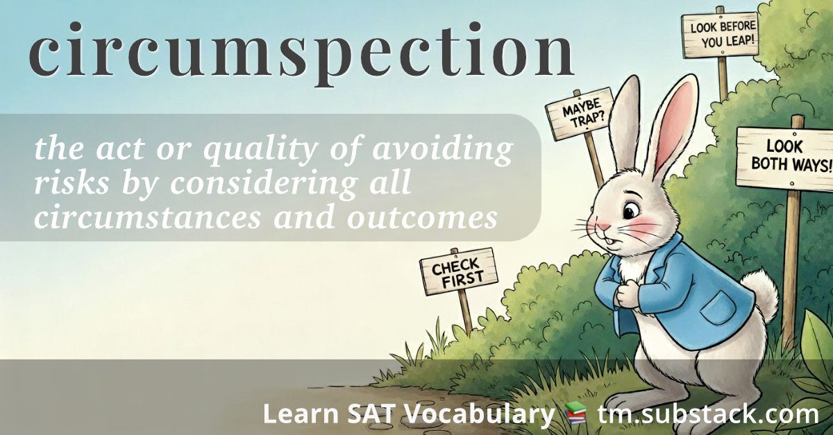 A cartoon illustration of a cautious white rabbit in a blue jacket standing next to a garden path, carefully examining multiple warning signs reading "LOOK BEFORE YOU LEAP!", "MAYBE TRAP?", "LOOK BOTH WAYS", and "CHECK FIRST". The rabbit appears thoughtful and prudent, pausing to consider all risks before proceeding. The scene emphasizes careful deliberation and thorough consideration of consequences; used to illustrate the SAT word 'circumspection'.