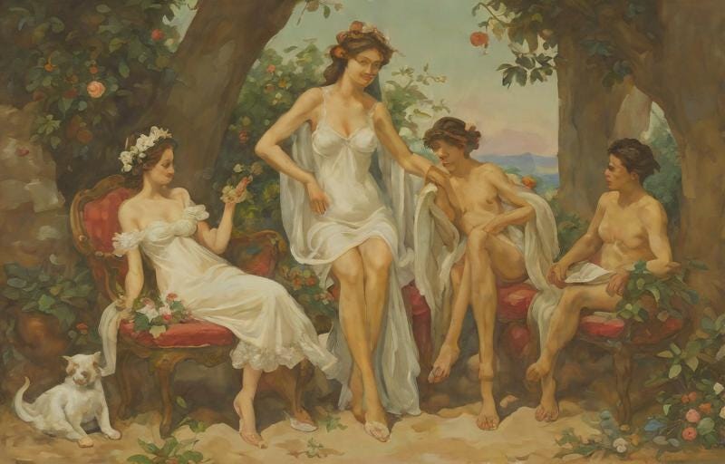 four people with varying degrees of feminine appearance lounging outdoors on red cushioned chairs