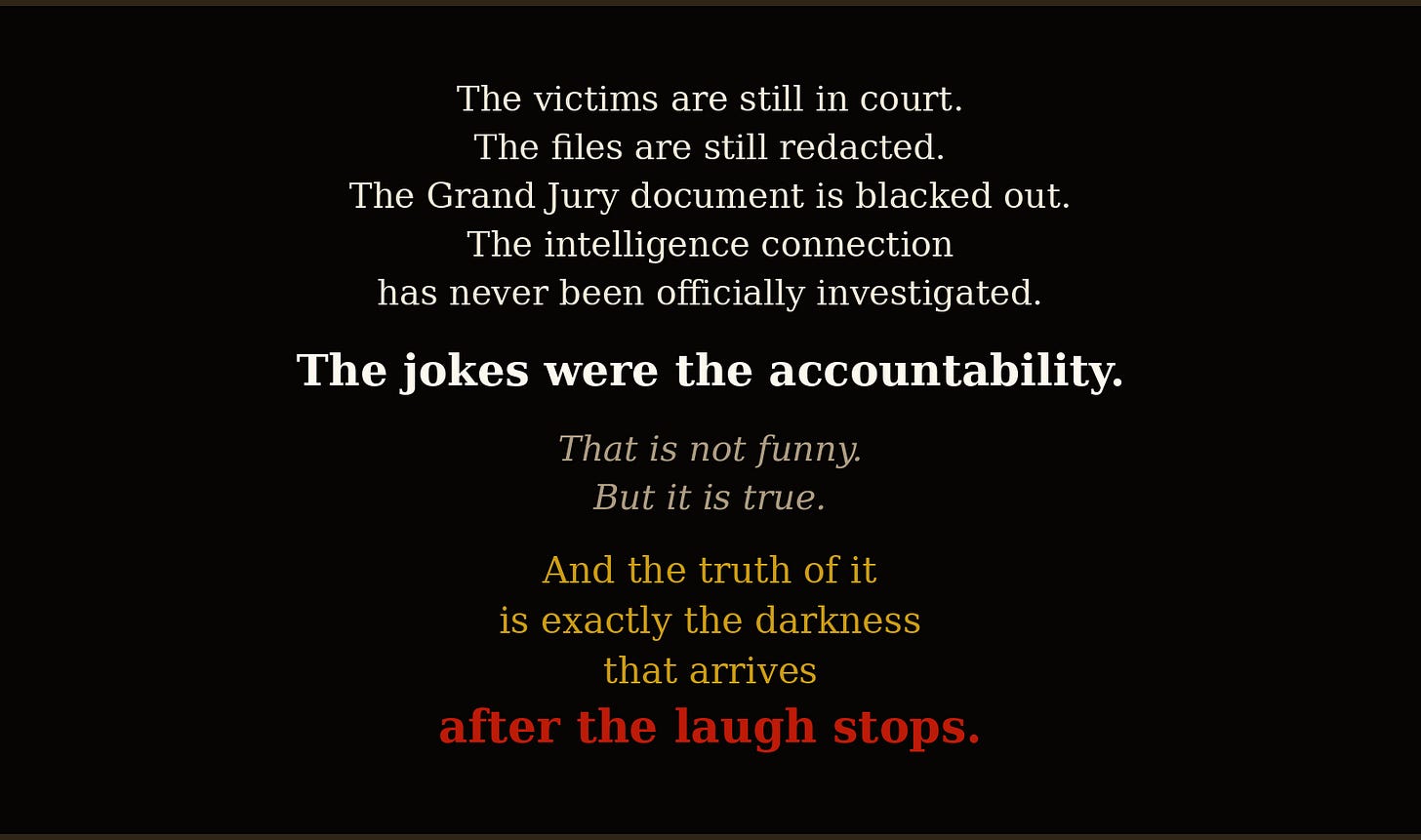 The jokes were the accountability. That is not funny. But it is true. And the truth of it is exactly the darkness that arrives after the laugh stops.