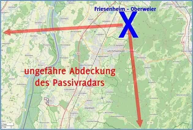 Coverage of the Passive Radar at Josef Garcia’s Location.(The boundaries of the coverage are fluid and not as sharply defined as depicted in the image.) Source: GEP, ufo-forschung.de