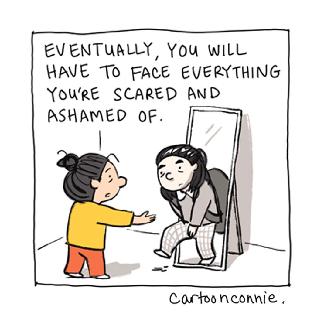 Panel 3 from a 6-panel comic strip about forgiving yourself and loving yourself, titled "A Valentine To My Younger Self." Original art by Connie Sun, cartoonconnie, 2026.