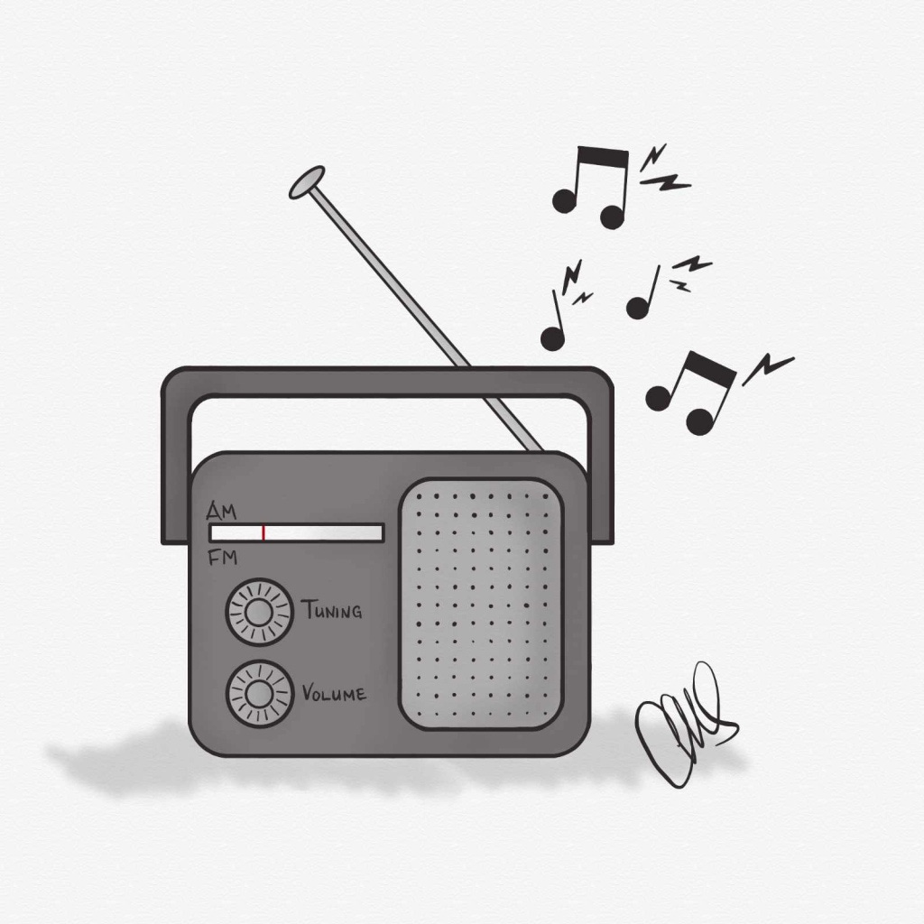 digital pencil sketch of a hand radio with tuning and volume nobs below the station bar with one speaker on the right. Music notes coming out of the top to signify that it is currently playing music.
