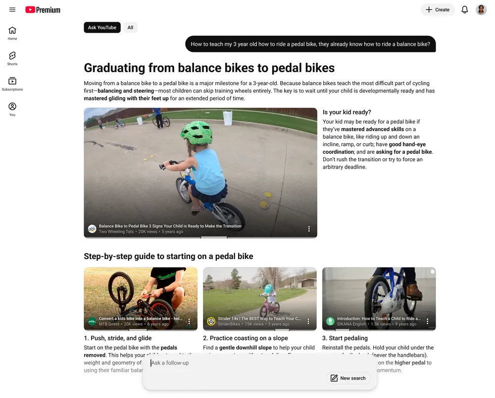 A search results page from "Ask YouTube" answering the question, "How to teach my 3 year old how to ride a pedal bike, they already know how to ride a balance bike?" and showing a video of a child on a bike.