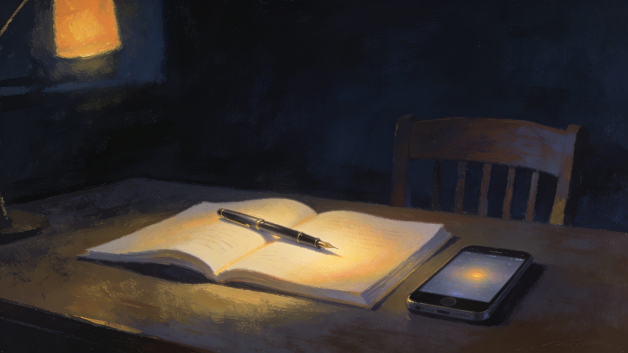 A writing desk at night. A fountain pen rests on a softly glowing open page beside a phone. An empty chair. Dark navy room with one warm light. No person in the frame. A writing desk at night. A fountain pen rests on a softly glowing open page beside a phone. An empty chair. Dark navy room with one warm light. No person in the frame.