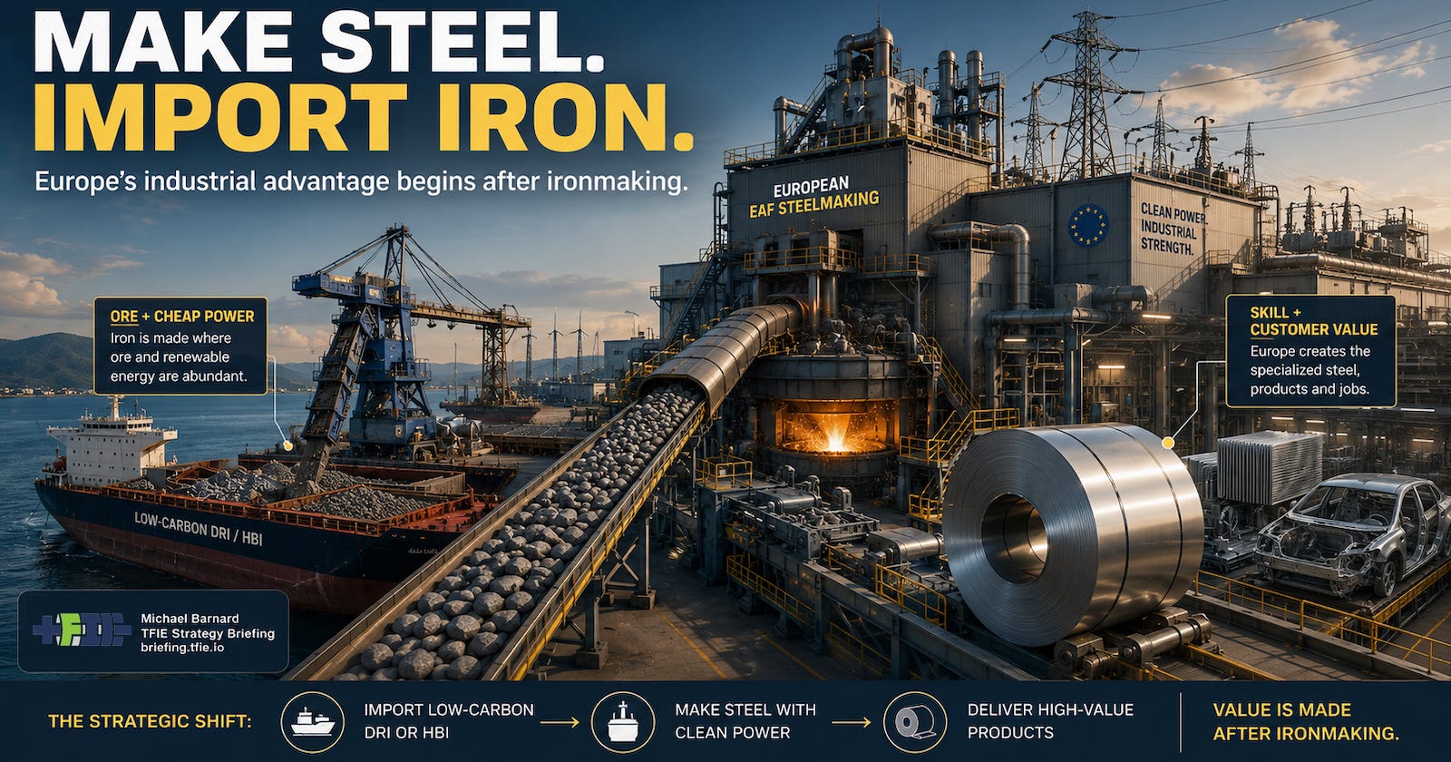 Imported low-carbon iron briquettes enter a European electric steelworks and emerge as high-value precision steel coil. Imported low-carbon iron briquettes enter a European electric steelworks and emerge as high-value precision steel coil.