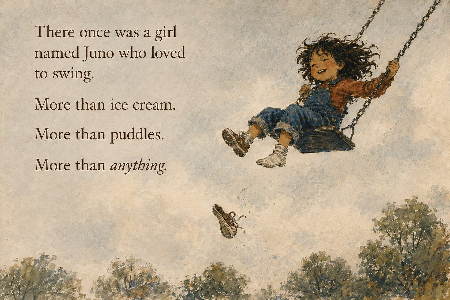 There once was a girl named Juno who loved to swing. More than ice cream. More than puddles. More than anything. Juno swings high with wild dark curls, laughing, one shoe flying off.