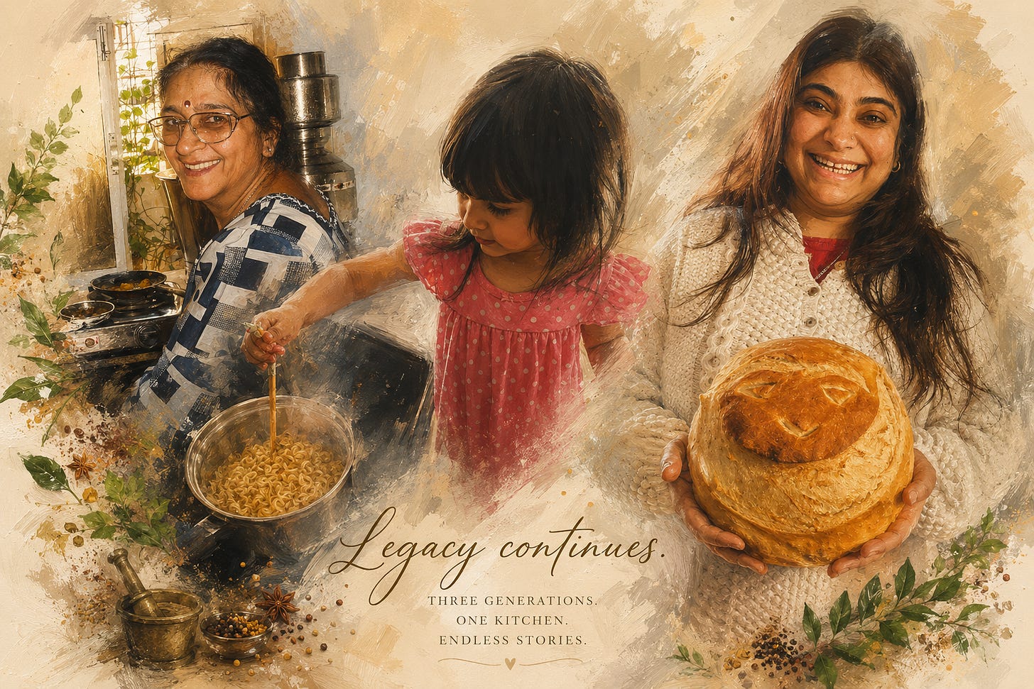Three-generation family collage showing an Indian grandmother cooking in her home kitchen, a young child stirring noodles at the stove, and Chef Daljeet holding a freshly baked loaf of bread, illustrating culinary inheritance, family legacy, and the passing of kitchen traditions across generations.