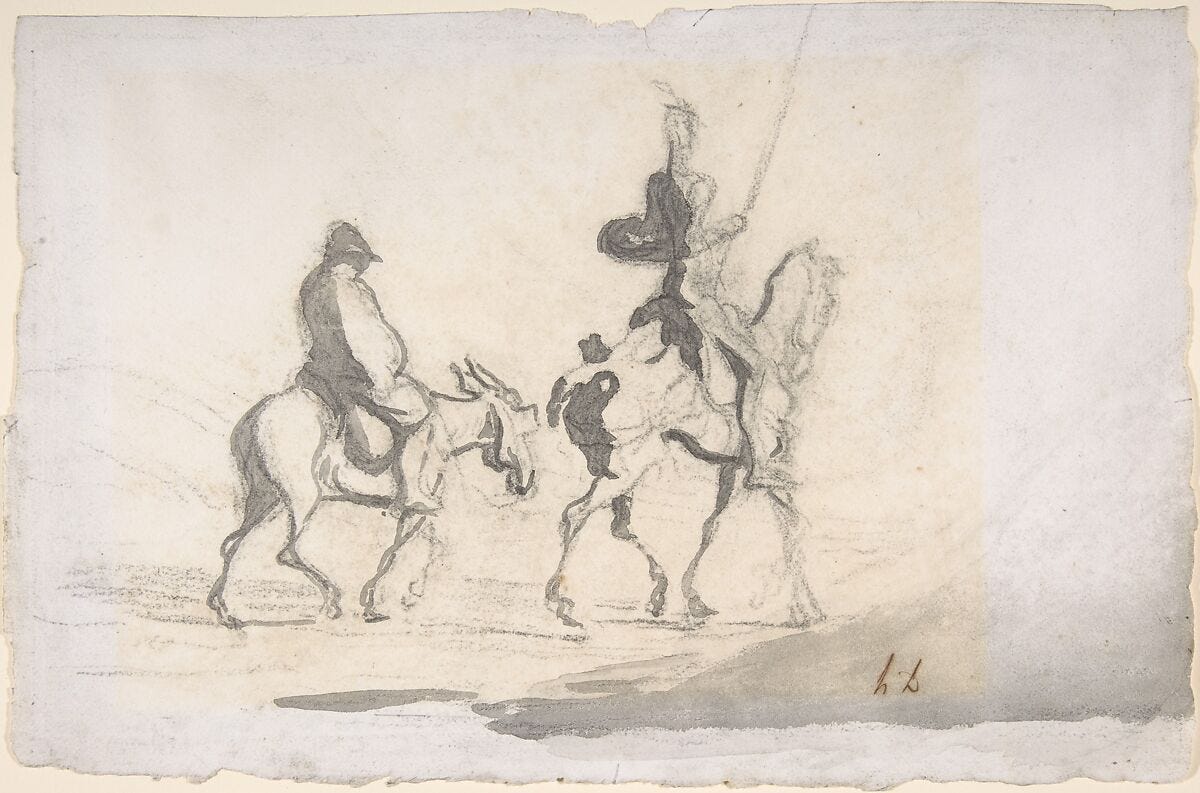 Black chalk and gray wash drawing by Honoré Daumier showing Don Quixote riding forward on horseback with Sancho Panza beside him across a sparse landscape. Black chalk and gray wash drawing by Honoré Daumier showing Don Quixote riding forward on horseback with Sancho Panza beside him across a sparse landscape.