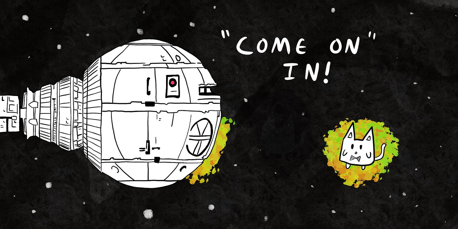 HAL 9000 welcoming in professor cat through the pod bay doors — “Come on in”